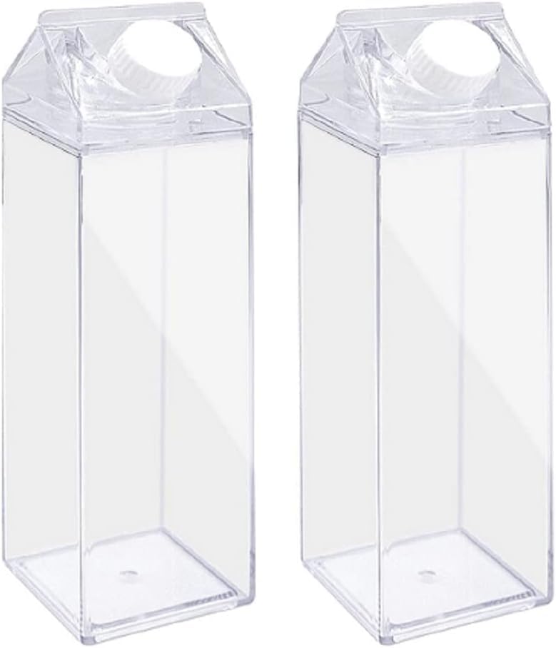 Milk Carton Water Bottle Reusable 2 PCS 17oz Clear Plastic Milk Box BPA Free Leakproof Milk Carton Cups Portable Square Juice Bottle Shaped Container