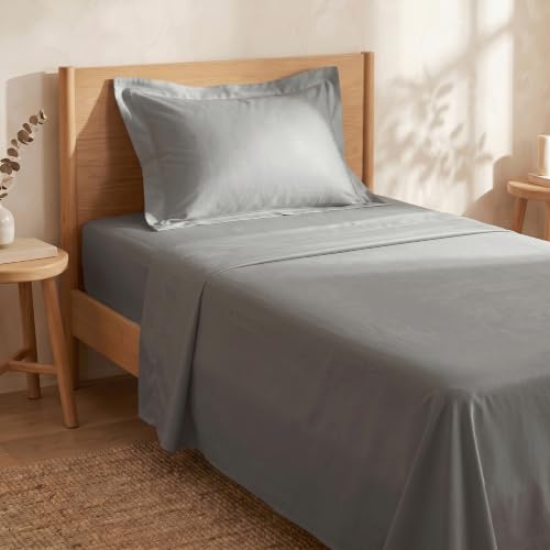 Image of HUESLAND 300 TC Premium Pure Cotton Sateen Weave Single Bedsheet with 2 Pillow Covers | Steel Grey | 88 x 55 Inches