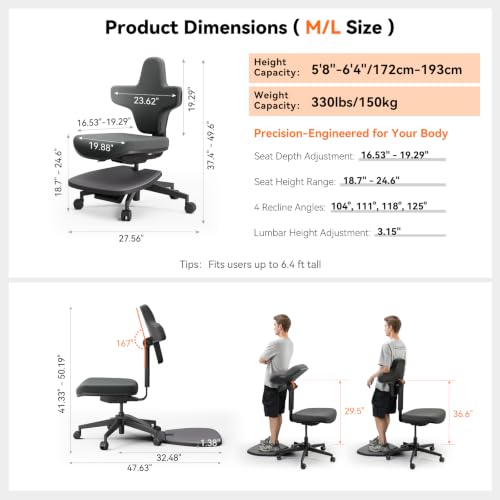 Image of Newtral Standing Desk Chair, Ergonomic Standing Mate Chair Stool with 167 Adjustable Flip Backrest, Multi-Position Sit-Stand-Lean Office Chair, Anti-Fatigue Design, MT-L-DG