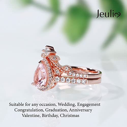 Image of Jeulia Engagement Rings Sterling Silver Halo Pear Cut Synthetic Pear Shape Natural Pink Rose Gold Diamond Bridal Set Halo Art Deco Wedding band Anniversary Promise Jewelry Crystal With Gift Box