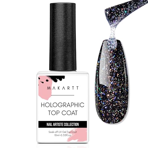 Makartt Glitzer Top Coat Glitzer Decklack Gel Nagellack, Kein Wisch-Nagelgel Decklack Nagelpolitur, Hochglanz-Gelcoat für Acrylnägel Soak Off Holographic Gel Top Shiny Finish Long Lasting
