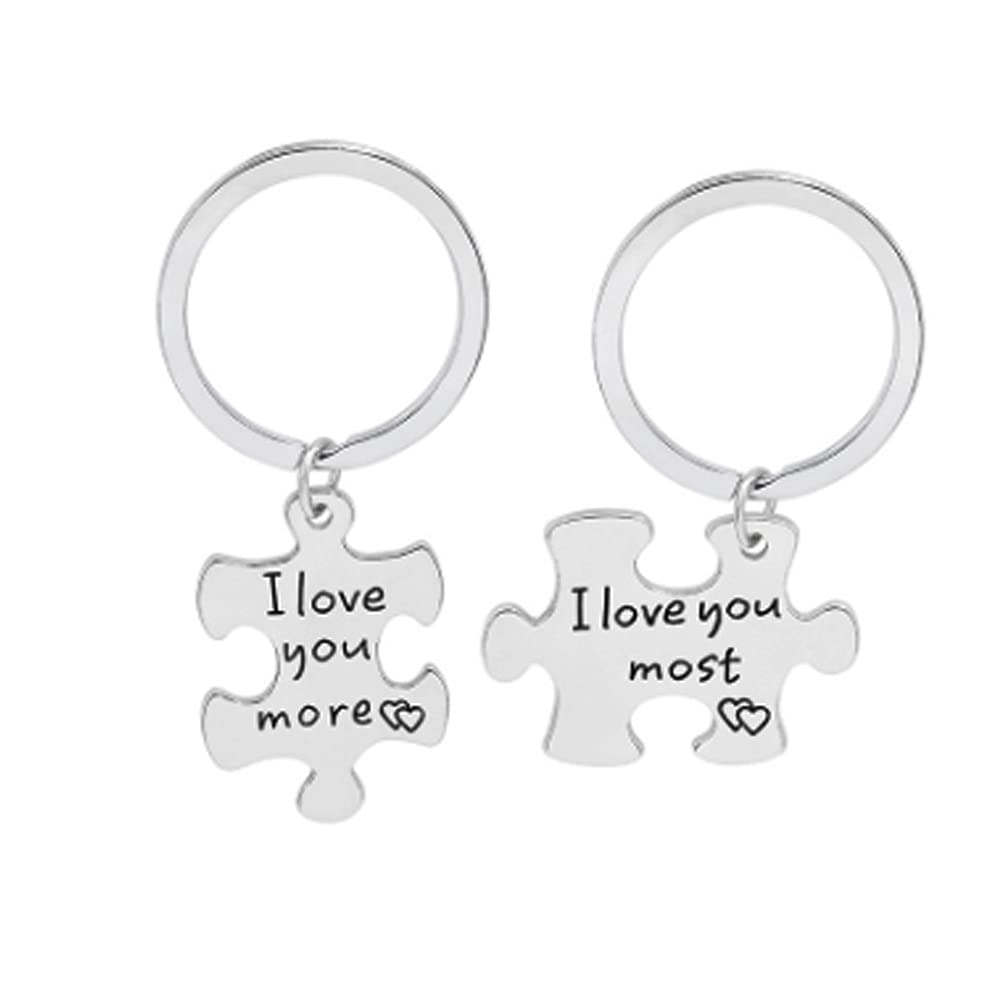 ARFUKA 2pcs Couples Puzzle Keyrings Stainless Steel Keyring Keychain Engraved I love you More/Most Key Chain Gifts for Valentines and Birthday