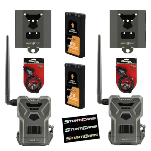 SPYPOINT Bunlde Flex-M Twin Pack Cellular Trail Cameras | LIT-22 Twin Pack Rechargeable Lithium Battery Pack 7.4V | 2-Pack SB-500S Lock Boxes and 2-Pack Python Cables
