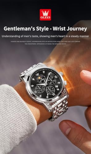 Image of OLEVS Chronograph Watches for Men Original Analog Quartz Silver Stainless Steel Chain Luxury Dual Time Zone Moon Phase Date Waterproof Men's Wrist Watch