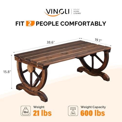 Image of VINGLI Rustic Wooden Wheel Bench Outdoor Bench, Patio Bench Wagon Slatted Seat, Garden Benches for Outdoors 350lbs High Capacity, Weather Resistance (Rustic, 38in)