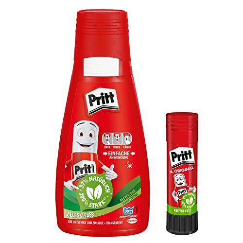 Pegamento multiuso Pritt, pegamento líquido de secado rápido y fácil aplicación para la escuela y el ocio, set con 100 g de pegamento para manualidades y 11 g de pegamento en barra Pritt Stick