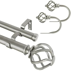 KAMANINA Bundle of 36-72" Curtain Rod and Matched Holdbacks 1 Pair, Twisted Cage Finials, Antique Silver