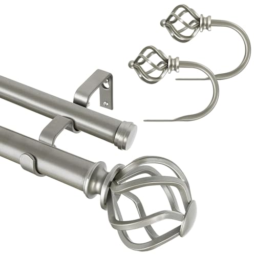 KAMANINA Bundle of 36-72" Curtain Rod and Matched Holdbacks 1 Pair, Twisted Cage Finials, Antique Silver