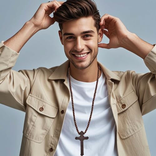 Wooden Cross Necklace For Men Beads Rosary Long Large Natural Wood Jesus Crucifix Cross Pendant Necklace 36inch Chain Religious Christian Prayer Faith Baptism Easter Handmade Jewelry3