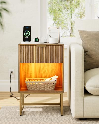 Image of Masupu Fluted Nightstand with Charging Station and LED Lights,Modern Night Stand Wood Bedside Table with Storage Drawer Side End Table for Bedroom,Office,Walnut Brown