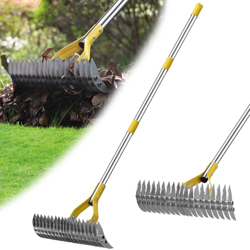 Thatch Rake 114 cm Lawn Thatching Rake for Cleaning Dead Grass 17 Inch Wide Heavy Duty 19 Teeth Steel Moss Rake for Lawn Landscaping Raking Garden Tools for Lawn Care Loosening Leveling Soil Mulch