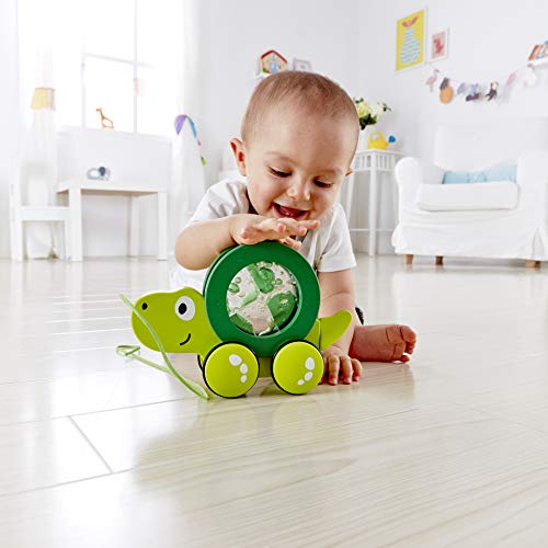 Image of Hape Tito Pull Along | Wooden Turtle with Swirling Shell Pull Toddler Toy, Green