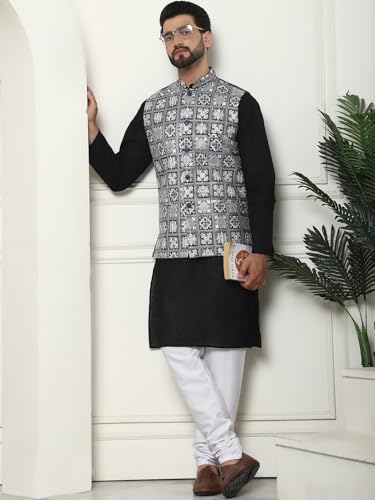 Image of SOJANYA (Since 1958 Men's Cotton Chikankari Kurta and White Pyjama with Embroidered Nehru Jacket