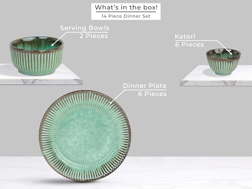 Image of Bodhi House Premium 14-Piece Stoneware Dinner Set Serving for 6 - Handcrafted Ceramic Plates, Bowls & Serving Bowls | Microwave & Dishwasher Safe | Elegant Modern Tableware Crockery Turquoise Green