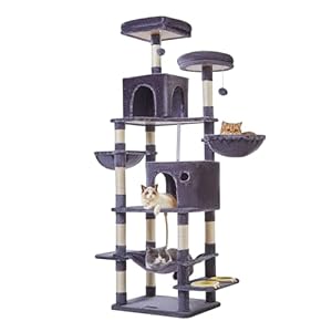 Taoqimiao 76-Inch Cat Tree Cat Tower for Indoor Cats, Plush Multi-Level Cat Condo with 12 Scratching Posts, 2 Perches, 2 Caves, Hammock, 2 Pompoms MS016G Smoky Gray