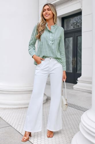 Halife Womens Loose Puff Sleeve Tops Ruffle Collared Vneck Gingham Shirt - image 5