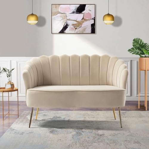 Image of Velvet 2 Seater Sofa Upholstered Loveseat Couch with Metal Legs Arm Backrest for Living Room Bedroom (Beige)