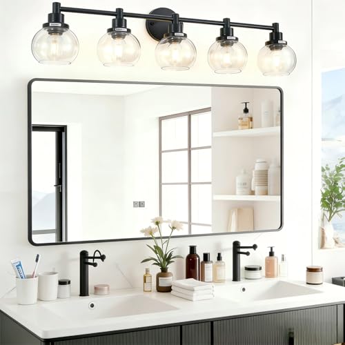 Image of 5-Light Bathroom Light Fixture Black Vanity Lights Over Mirror Modern Wall Sconce Farmhouse Vintage Bathroom Vanity Lighting with Glass Shade for Bedroom Hallway Cabinet Bathroom