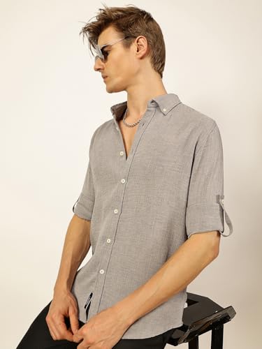 Image of Thomas Scott Men's | Solid | Textured Fabric | Full Sleeve | Slim Fit | Polyester-Blend | Spread Collar | Casual Shirt