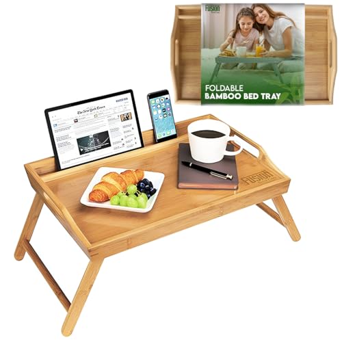 Fusion Food Bed Tray Table with Folding Legs Made from Organic Bamboo & MDF | Secure Surface with Built-in Side Handles | Lap Tray Ideal for Eating Reading & Working on Beds & Sofas
