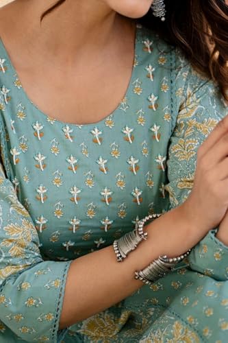 Image of Pure Cotton Anarkali Kurta Set for Women with Dupatta | 3 Piece Cotton Anarkali Suit | Floral Aari Work | Flared Ethnic Wear