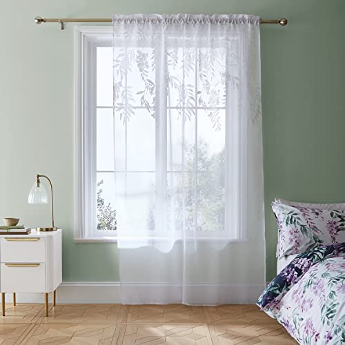 Catherine Lansfield Living Wisteria Floral 55x54 Inch Slot Top Curtain Panel White, W 54.3" x L 55.1" (1 Panels)