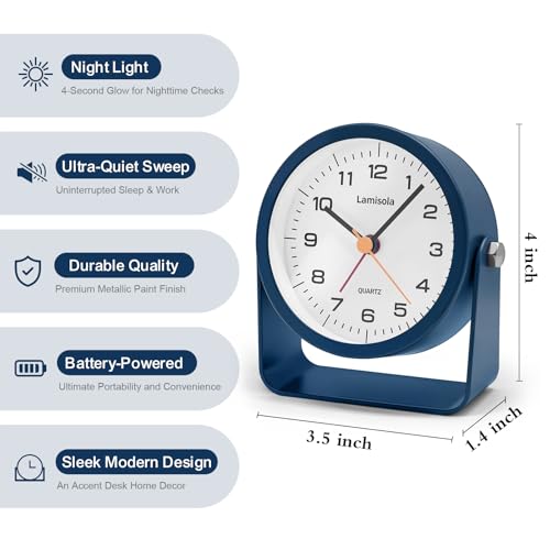 Image of Lamisola 3.5 Inch Small Desk Battery Clock, Alarm Clock for Bedroom, Blue | Travel Clock for Bathroom Table Shelf Bedside, Cute Metal Vintage