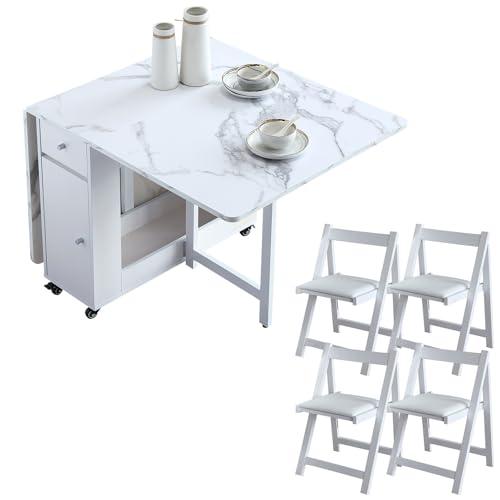 FUNROLUX 折りたたみダイニングテーブル 4人 伸長式 バタフライテーブル 4椅子付き可動式 引き出しと収納付き 木製食卓 ホワイト