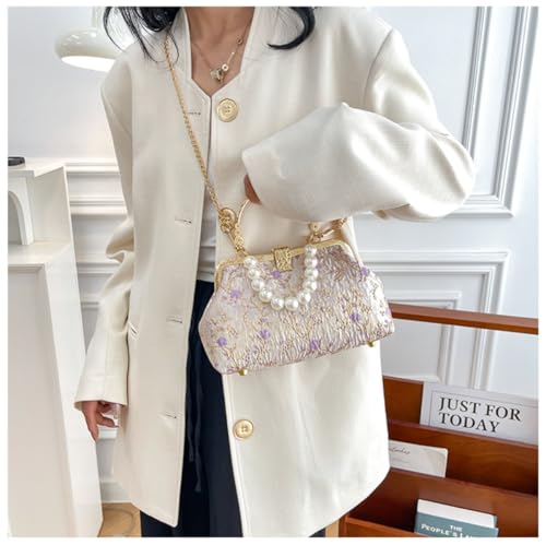 Image of Pearl Evening Bag for Women Lily Pattern Vintage Embroidered Floral Clutch Purse Evening Handbag Shoulder Crossbody Bags