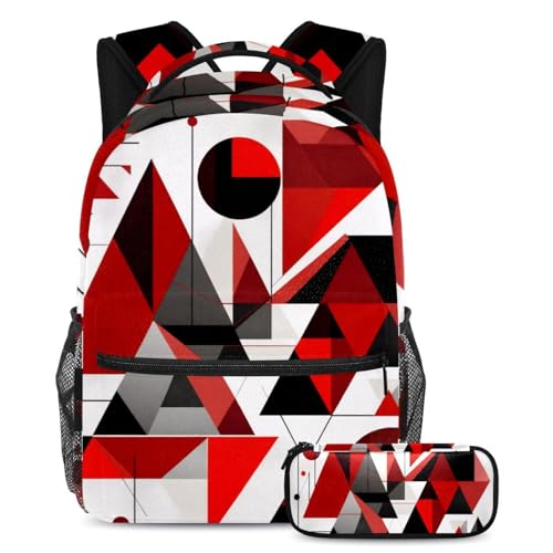 Sac à dos avec trousse motif géométrique rouge et multicolore 29x20x40cm