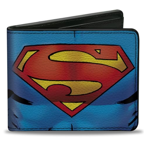 Buckle-Down Men's PU Bifold Wallet-Superman Galactic Battle Chest Logo Blue/Red/Yellow, Multicolor, 4.0