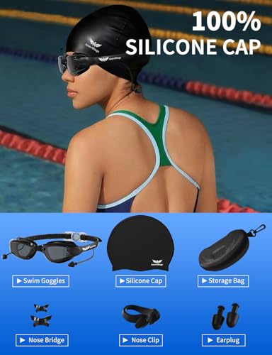 Image of 7 in 1 Swim Goggles + Swim Cap for Men Women,No Leak Anti-Fog & UV, Wide Visio HD Mirror PC Lens