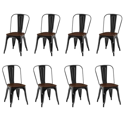 Image of Metal Dining Chairs with Backrest, Wood Seat, Black, 8 Pack | Easy Assembly, Non-Slip Feet, 330 lb Capacity, Kitchen, Restaurant, Cafe, Pub, Covered Patio