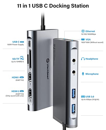 Usb Docking Station, Utechsmart 11 In 1 Usb C Dock Triple Display, Usb 3.0 Laptop Docking Station With Dual Hdmi, Vga, Pd, Ethernet, Sd/Tf, Usb 3.0, Mic/Audio, Compatible For Macbook M1 Dell Hp Lenovo #TOP1