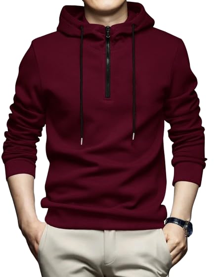 Image of Men Solid Hooded Neck Full Sleeve Half Zipper Cotton Blend Tshirt
