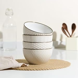 KooK Ceramic Cereal Bowls Embossed for Yogurt Dessert and Poke Microwave Dishwasher Safe Cream with Dark Copper Accents Set of 4 26 oz Narbonne Collection