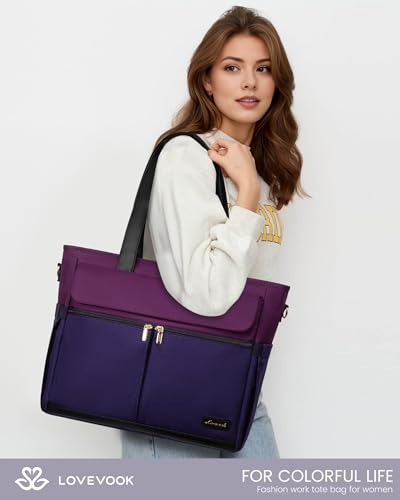 Image of LOVEVOOK Laptop Bag for Women 15.6 Inch Canvas Laptop Large Capacity Work Bags Mutiple Pockets Teacher Bag Water Resistant Computer Bags for Business Travel Nurse, Dark Purple-Black