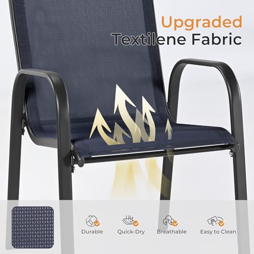 Image of HAPPATIO Outdoor Patio Dining Set, 8 Quick Dry Textilene Dining Chairs and Dining Table with Umbrella Hole, Stackable Textilene Chairs for Garden, Patio and Poolside Backyard, Blue