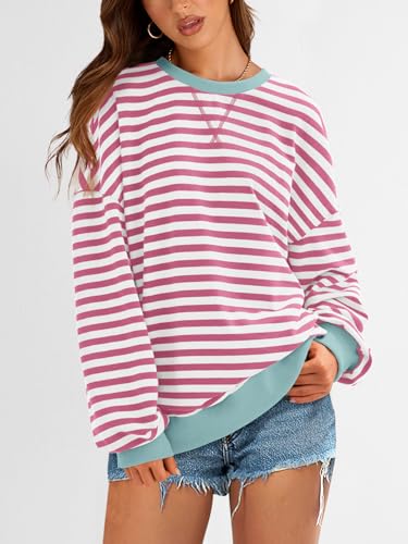 Image of PRETTYGARDEN Womens Striped Oversized Sweatshirt Color Block Crew Neck Long Sleeve Casual Loose Pullover Top Y2K Clothes