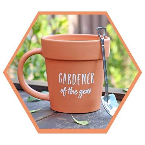 SJ TRADERS Gardening Mug, Valentines Gifts, Gardener of The Year Coffee Cup and Shovel Spoon, Novelty Ceramic Gardeners Gifts from Daughter & Son, Presents for Birthdays Cover