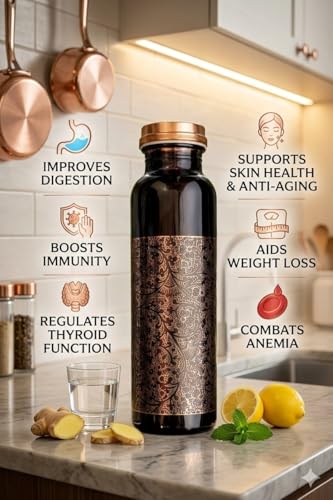Image of Copper Water Bottle Floral Print Design Leakproof Ayurvedic Drinking Bottle for Home Office Gym Travel for Health Benefits