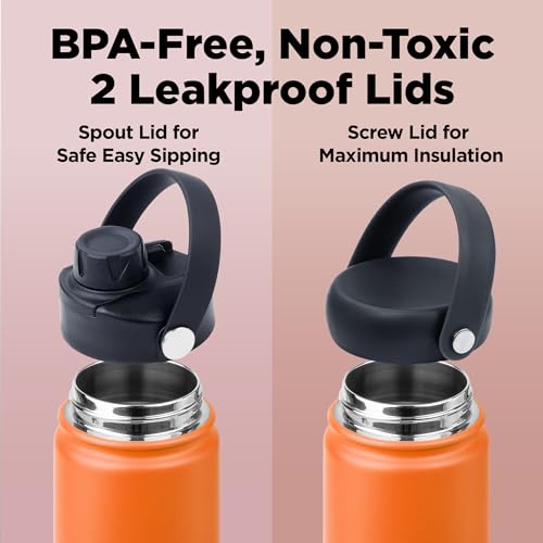 Image of ThermoProof Double-Walled Vacuum Insulated Stainless Steel Water Bottle - Wide Mouth with Chug & Spout Lids, Dishwasher Safe, Reusable, Leakproof, Hot & Cold for Men, Women - 22oz, Sunset Orange