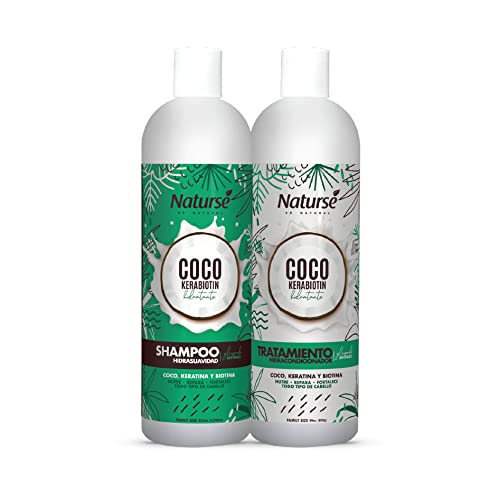 Naturse Champú + Acondicionador para Control del Frizz con Coco, Queratina y Biotina, Paquete de 2