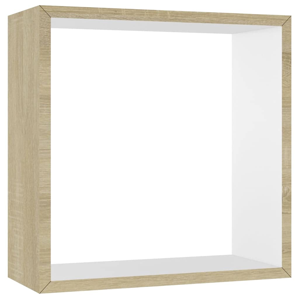 Floating Wall Cube Shelves, zestaw 3 sztuk, białe i dąb Sonoma, niewidoczny system mocowania, nowoczesna dekoracja do sypialni, salonu, biura, 30/27/24 cm