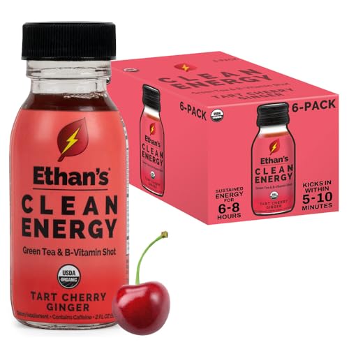 Image of Ethan's Organic Clean Energy Shots Tart Cherry Ginger, 6 Pack of 2oz | 150mg Caffeine | Green Tea, Guayusa, Lion's Mane & Cordyceps | Sugar-Free, Vegan, Gluten-Free, USDA Organic