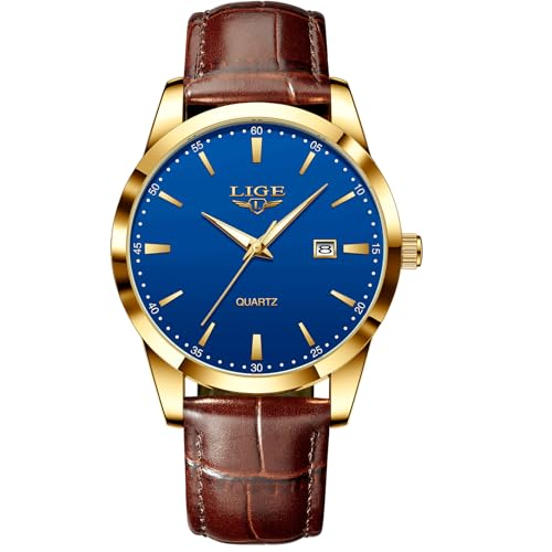 LIGE Reloj Hombr | Analógico Elegante Vintage Caballero Relojes Clásico Cuero Movimiento de Cuarzo Japonés Agujas Luminosas Men Watch Resistente Al Agua Mens Watches con Fecha,Oro Azul