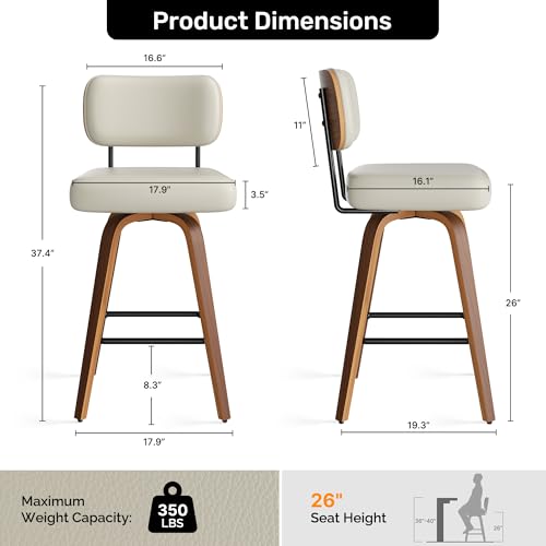 Image of Swivel Bar Stools Set of 1, 26 inch Upholstered Faux Leather Counter Height Barstools with Walnut Back & Bentwood Legs, Mid Century Modern Bar Chairs Island Stools for Kitchen Counter, Beige Grey