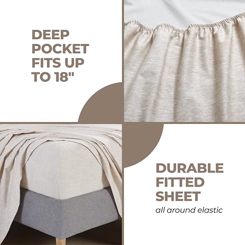 Image of Superior Melange Flannel Cotton Sheet Set, Ultra-Soft Textured Sheets, Modern, Farmhouse Bedding, Basics, Includes; Flat Sheet, Elastic Deep Pocket Fitted Sheet, Pillowcases, Twin, Beige