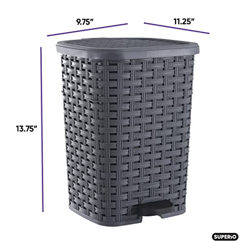 Image of Superio Mini Trash Can with Foot Pedal Small Outdoor Garbage Can with Lid, 3 Gallon Plastic Waste Basket for Bathroom, Bedroom, Kitchen, Office, Patio (Wicker Grey 12 QT.)