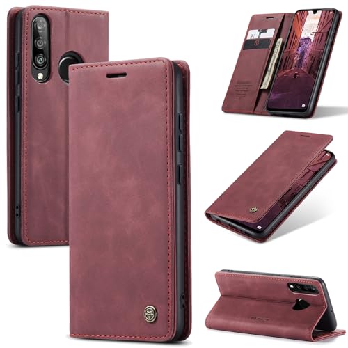 Ottcooed Handyhülle für Huawei P30 Lite Hülle Premium Leder Flip Case Magnet Klappbar Klapphülle Tasche Standfunktion Kartenfach Wallet Schutzhülle für Huawei P30 Lite Weinrot
